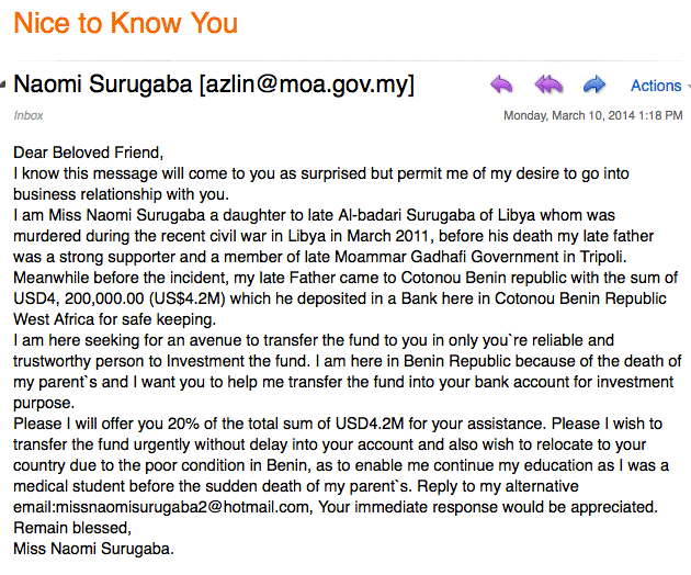 Example Nigerian Email Scam